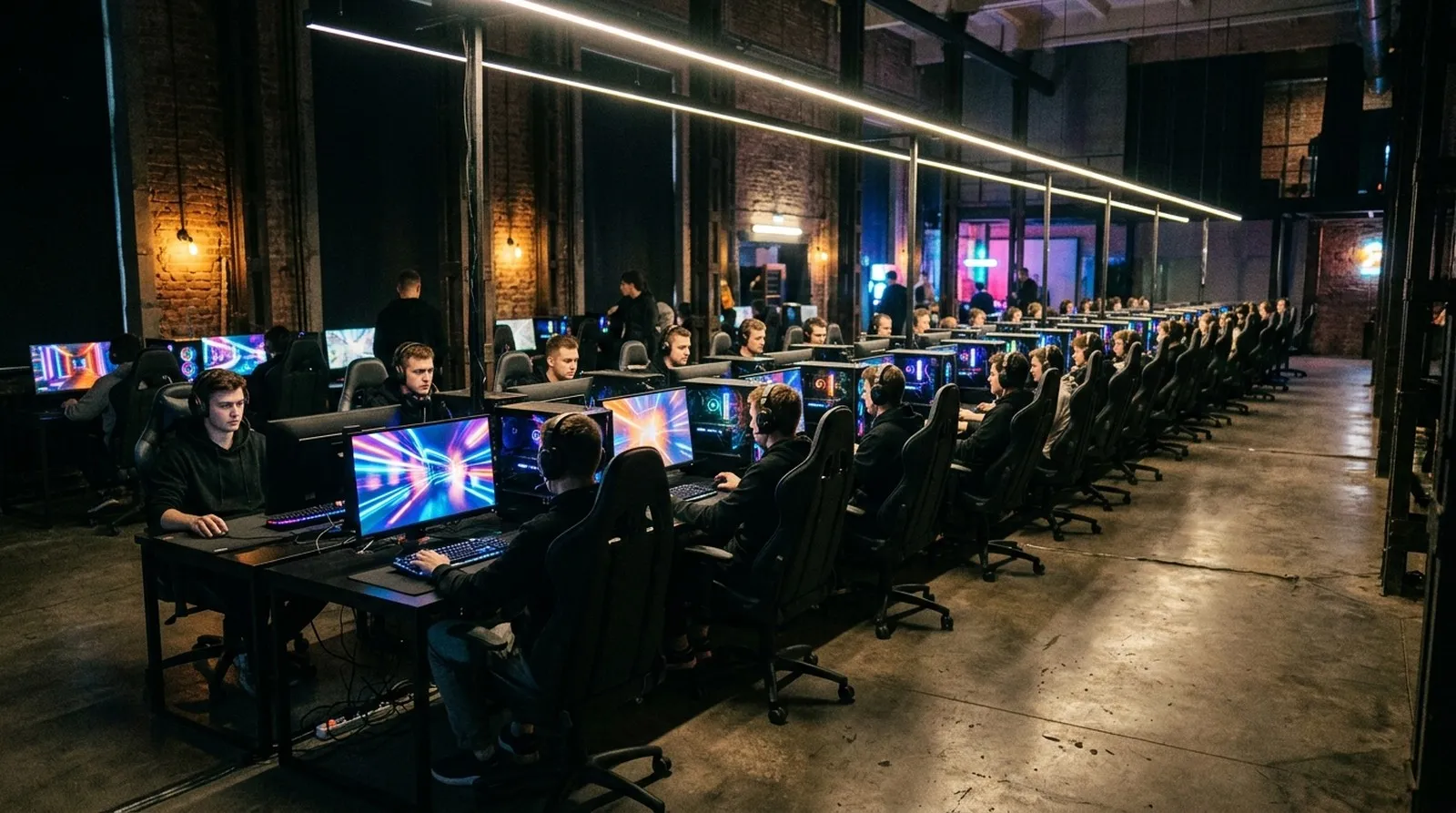 A bright daytime computer club room with rows of PC stations along a diagonal